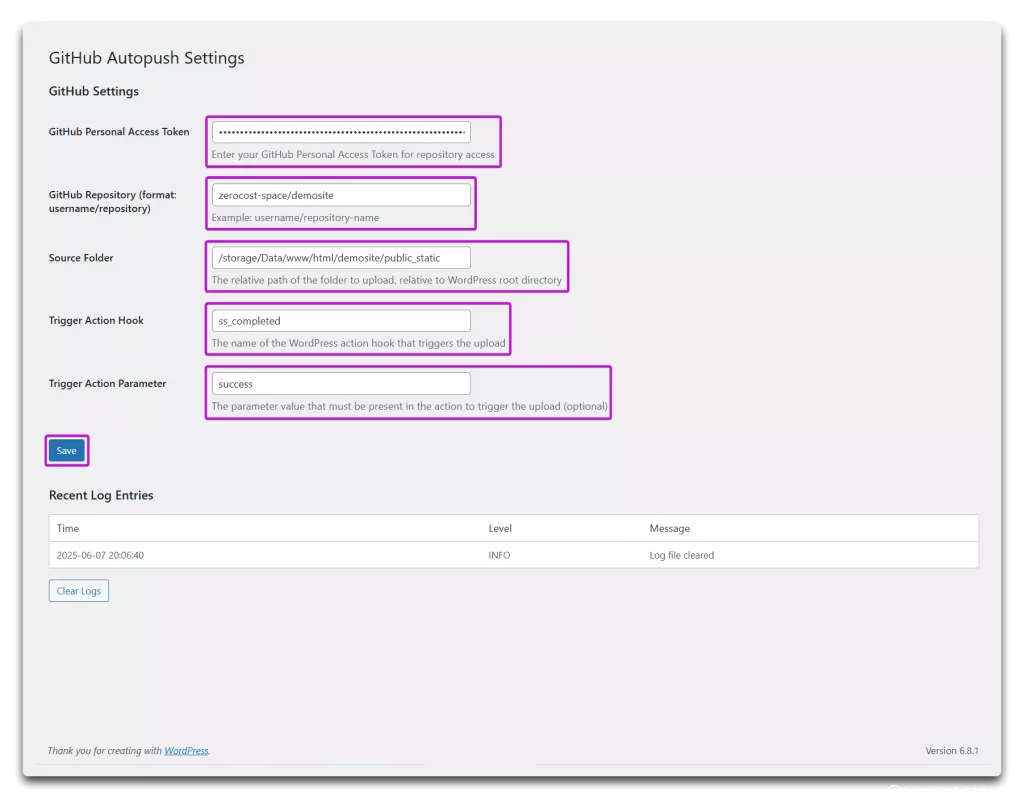 Github autoupush wordpress plugin configuration