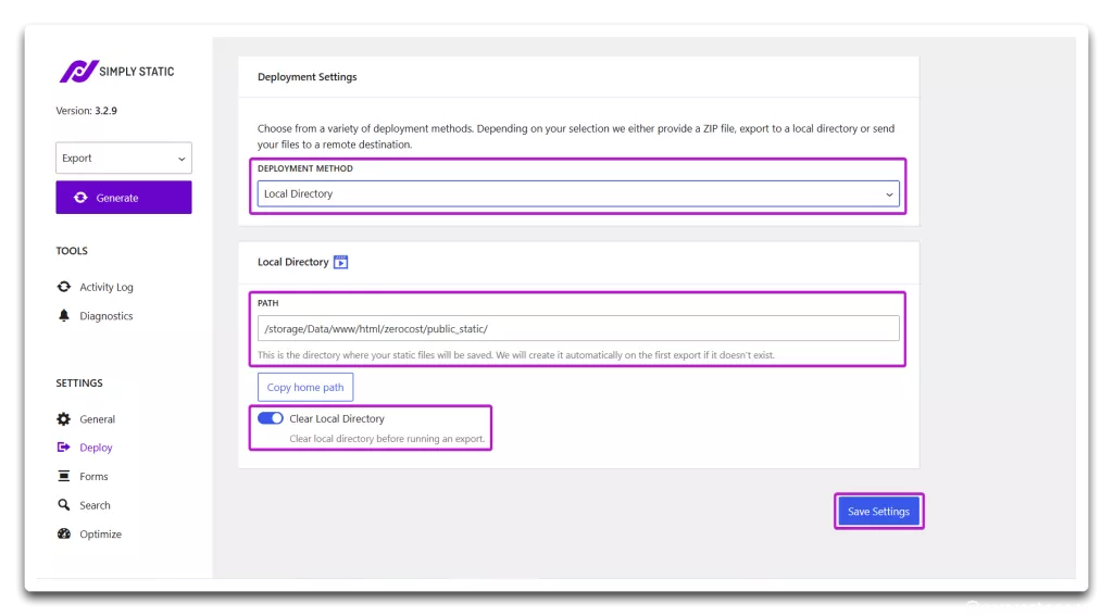 Simply Static plugin settings